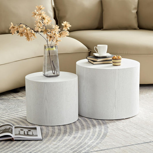 WILLIAMSPACE 18.9" White Nesting Coffee Table Set of 2, Modern Black Round Coffee Tables Circle Side Table for Small Space, Accent End Table Set, No Assembling, White Wood Grain