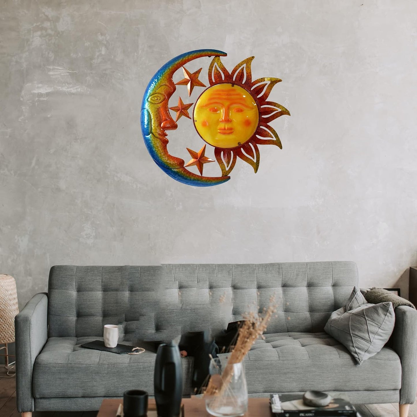 Metal Larger Size 29 Inch Sun Outdoor Wall Art Decor with Moon & Stars,Hanging for Indoor Outdoor Patio Garden Fence Deck Yard Pool Wall Sculpture Decoration Colorful