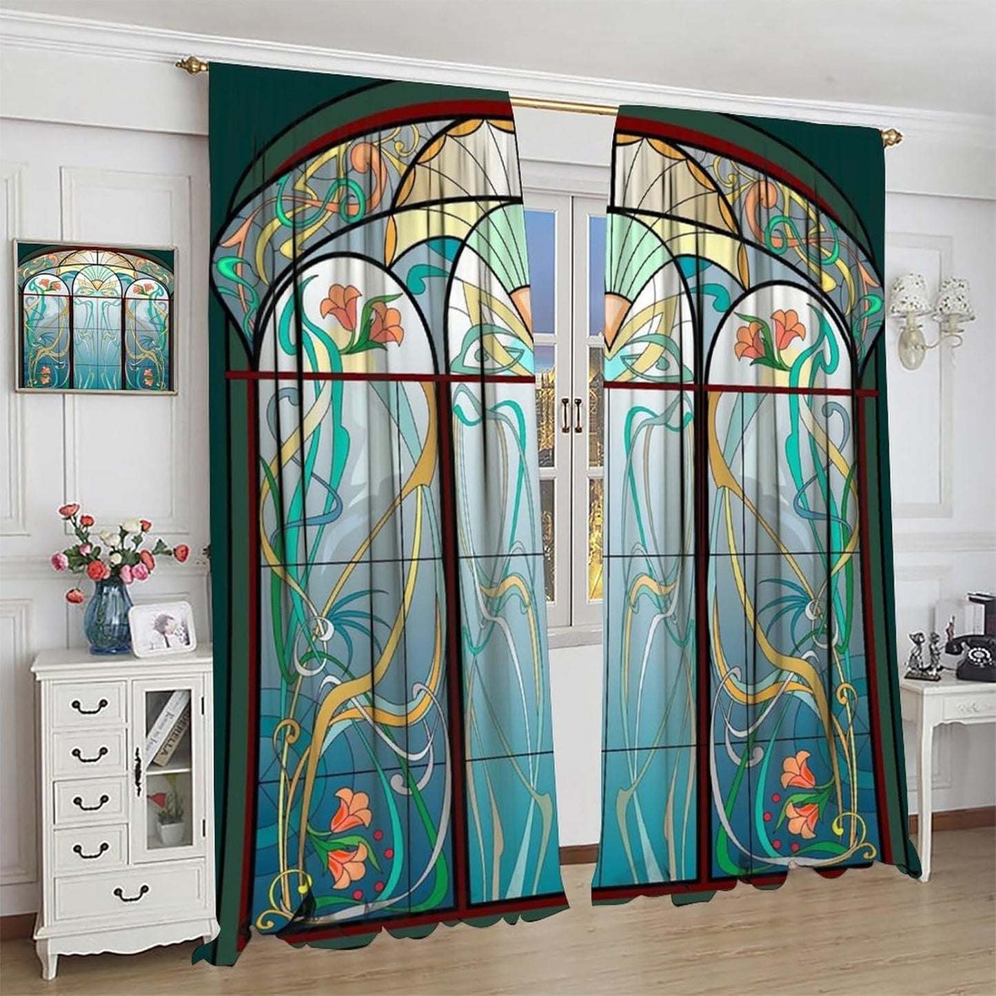 Stained Glass Curtains, Retro Mid Century Boho Abstract Art Home Decor Drapes for Bedroom Living Room Kitchen Window Treatment 2 Panels Set Total Size 42" W X 63" L Inch