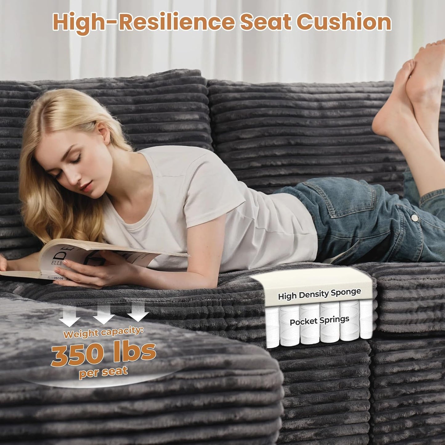 ovios Sectional Sofa Couch with U-Shape Chaise Oversized, Comfy Modular Cloud Couches with Deep Seat, Modern Upholstered Plush Corduroy Sofas Set for Living Room, 8-Seater, Grey