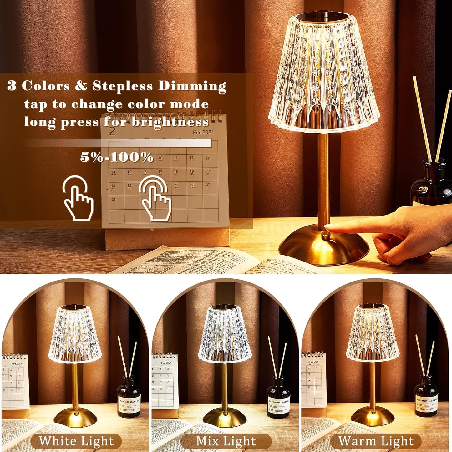 Liliful 2 Pcs LED Portable Cordless Table Lamp Touch Battery Operated Rechargeable Desk Lamp 3 Color Dimmable for Bedroom Living Room Dining (Classic Style,Gold)