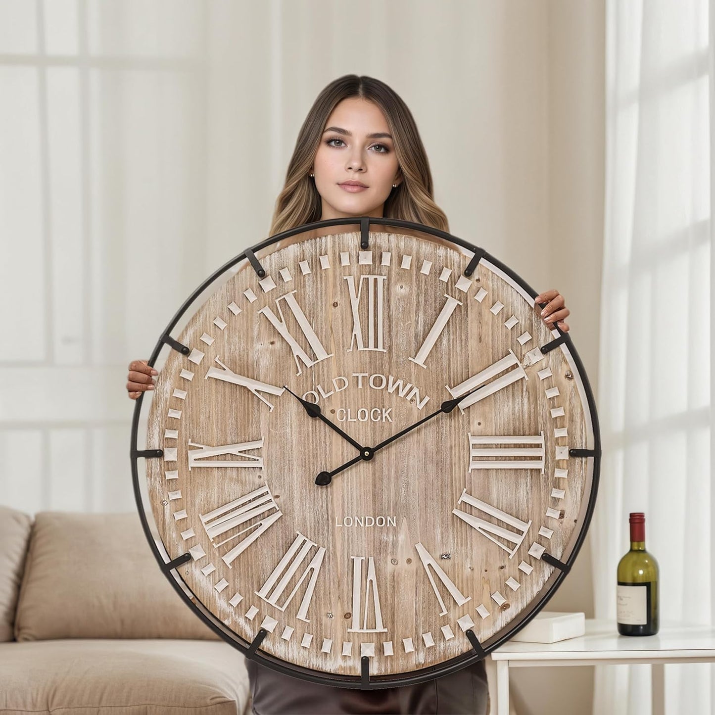 Farmhouse Wall Clock 30 Inch - Rustic Wood Metal Decor, Silent Sweep, Battery Operated for Living Room Kitchen Office, Brown