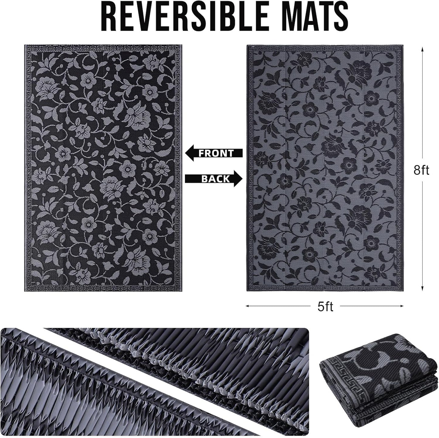 OLANLY Waterproof Outdoor Rug 5x8 ft, Outdoor Plastic Straw Rug with Flower Pattern, Reversible RV Mat for Patio, Camping, Balcony, Deck, Backyard, Black & Grey
