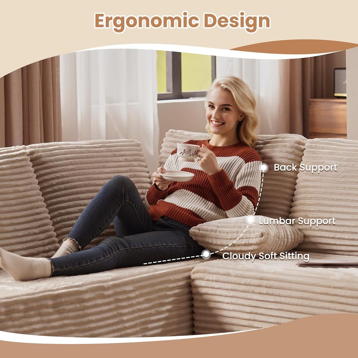 HOOOWOOO Cloud Sectional Couches for Living Room,Modular Sectional Sofa No Assembly,165X110 Inch Plush Corduroy Large U Shaped Floor Couch Set with Deep Seat Chaise Lounge(Beige)
