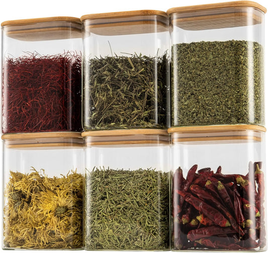 37oz Rectangle Airtight Glass Storage Containers with Bamboo Lids (Set of 6), Square Food Storage Jar, Pantry Organizers for Cereal, Nuts, Snacks and Coffee beans (‎with Black Lable)