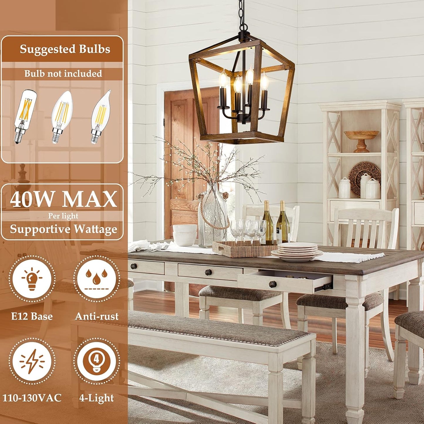 Farmhouse Chandelier Light Fixture for Kitchen Dining Room, 4-Light Rustic Pendant Hanging Ceiling Light Height Adjustable in Oak Wood Finish, Cage Lantern Lighting with E12 Base for Hallway Foyer