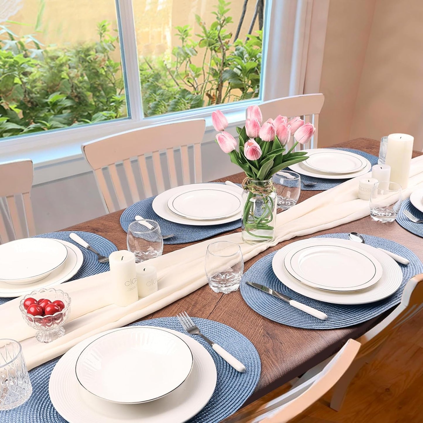 AHHFSMEI Placemats Set of 6 for Dining Table Washable Woven Vinyl Non-Slip 18x12 inches Placemat Heat-Resistant Durable Table Mats for Dining Table Easy to Clean(Light Blue)