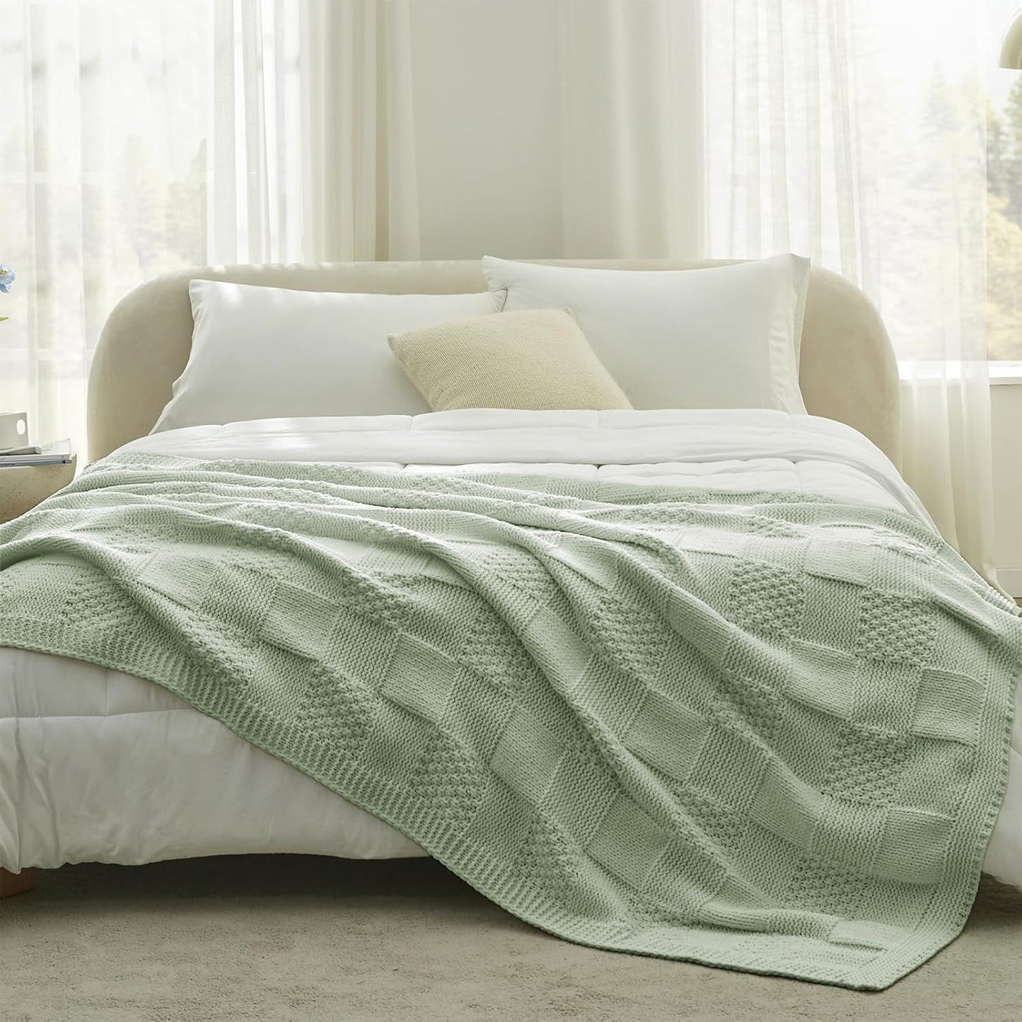 Amélie Home Chenille Knit Throw Blanket for Couch, Checkered Texture Decorative Soft Blanket for Sofa, Bed & Living Room, 50"x60", Sage Green