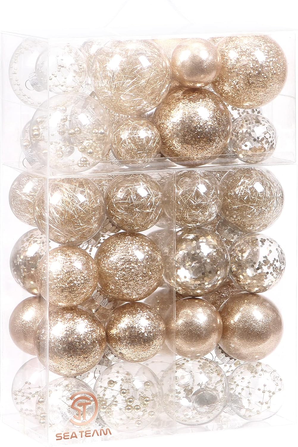 Sea Team Multi-Size Shatterproof Clear Plastic Christmas Tree Ball Ornaments Set, Decorative Hanging Transparent Xmas Baubles with Stuffed Delicate Decorations (48 Counts, Champagne)