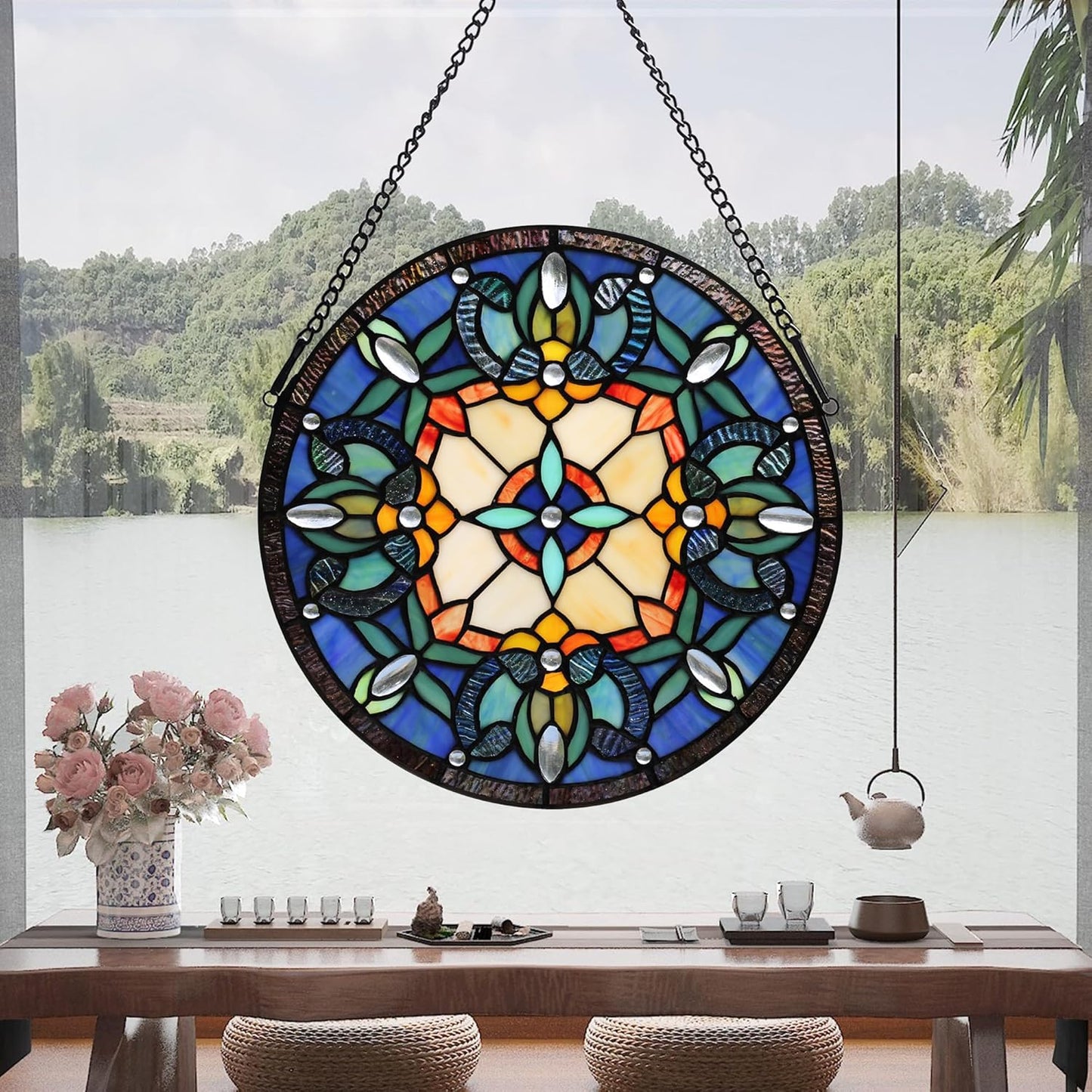 Handcrafted Stained Glass Window Panel - 12-Inch Round Floral Design with Vibrant Colors, Elegant Decorative Hanging Art for Home Décor, Includes 20-Inch Chain & Hook (Blue iris)
