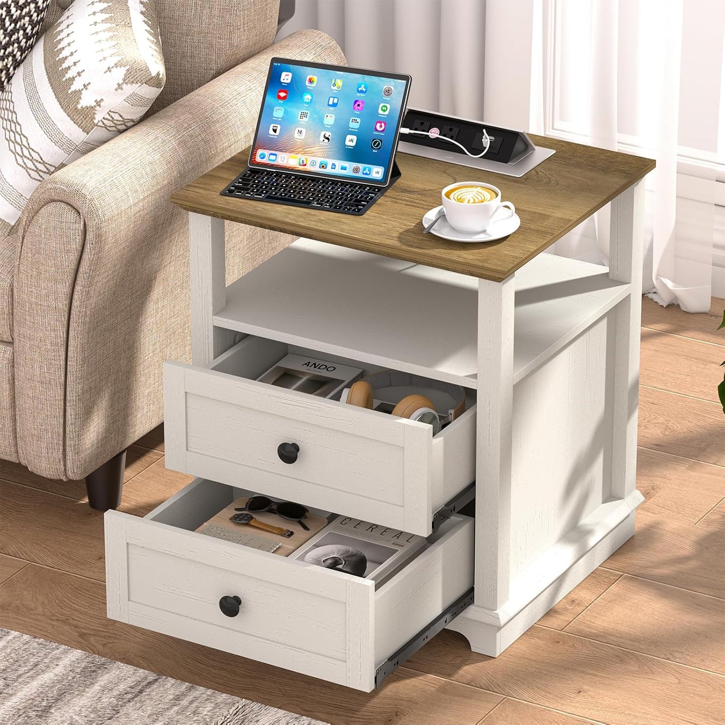 HIFYOBRO Large End Table Set of 2, Flip Top Charging Station and 2 Drawers, Type-C & USB Port & Power outlets, Wooden Storage Cabinet, Side Table with Storage for Living Room and Bedroom (White)