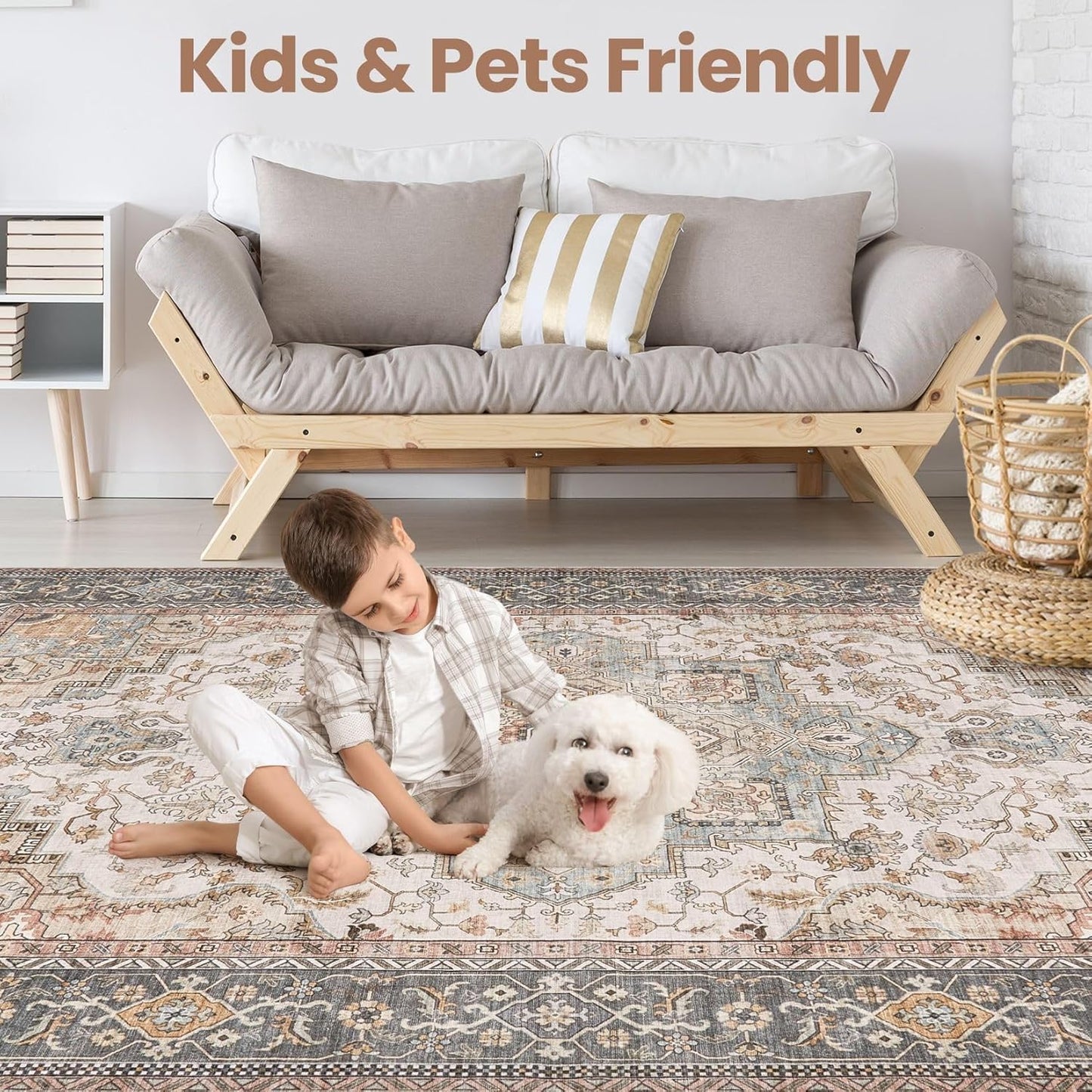 Washable Area Rugs for Living Room -10x13 Neutral Vintage Distressed Floral Farmhouse Boho Large Soft Floor Rug Indoor Non Slip Carpet for Living Room Bedroom Dining Room Office - Forest Green Orange