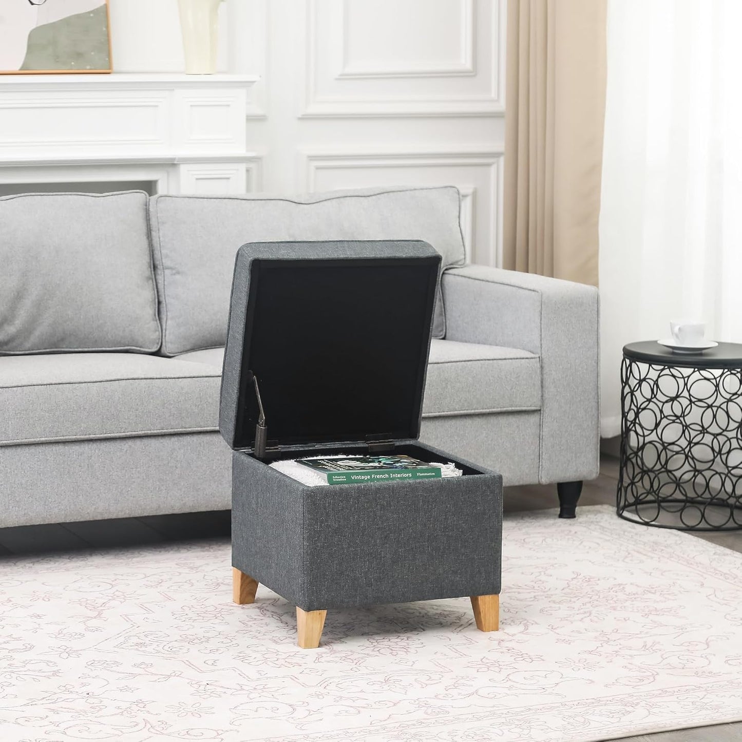 Adeco 17.5" Square Fabric Ottoman with Storage, Upholstered Cotton Linen Foot Rest, Flip Top Footstool, Small Cube Coffee Table Extra Seat for Living Room, Bedroom, Grey with Burlywood Legs