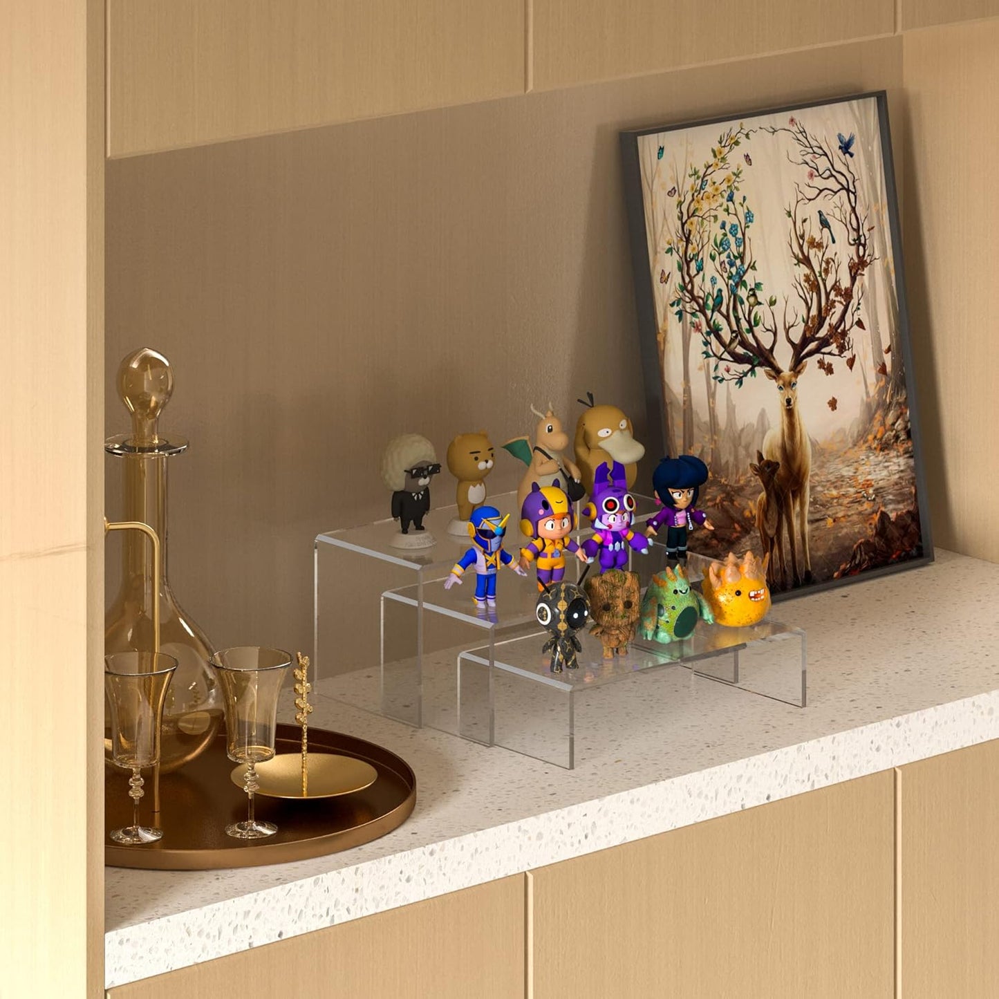 Clear Riser Shelf 3pcs, Desktop Rectangular Acrylic Display Shelves Organizer, Acrylic Stands for Funko Pop Figure, Perfumes, Bags, Shoes, Glasses, Plants, Toys, Collectibles - 8''x8.5''x9''