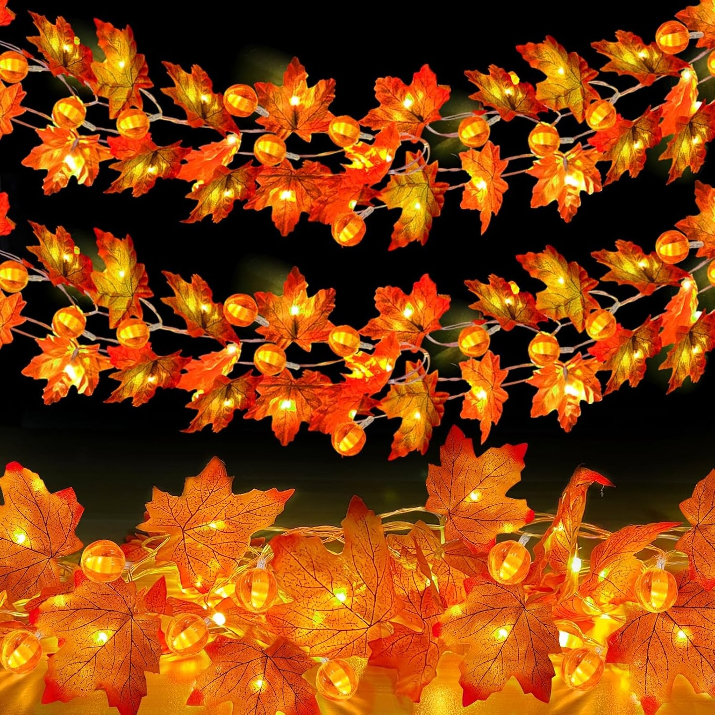 2 Pack Fall Garland with Pumpkin Lights Halloween Decorations Indoor 60 LED 20 Ft Enlarged Maples Leaves Fall Lights Battery Operated Halloween Garland Thanksgiving Decor Home Indoor Outdoor Christmas