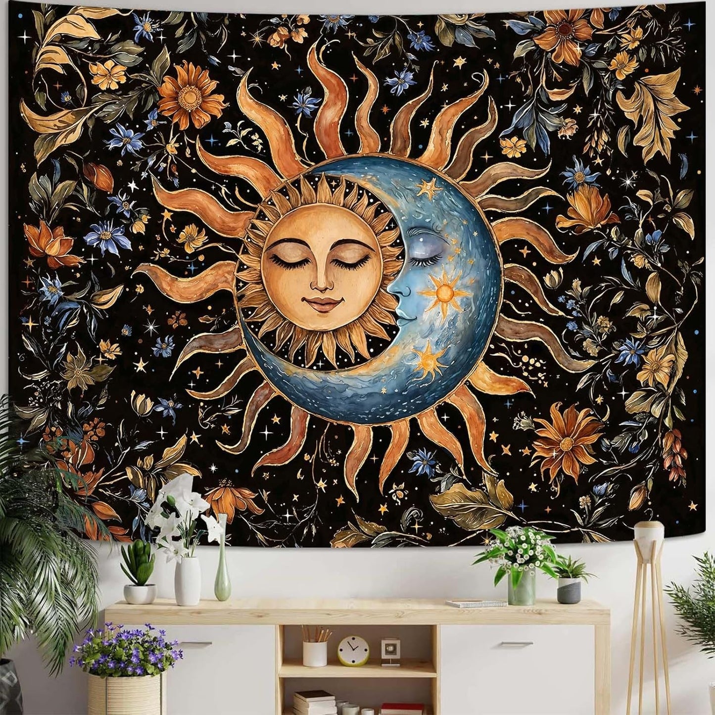 Aipon Sun and Moon Tapestry for Bedroom Boho Vintage Floral Hippie Wall Tapestry Aesthetic Retro Flower Plant Small Tapestries Wall Hanging for Living Room Dorm Decor 60 x 44 Inch
