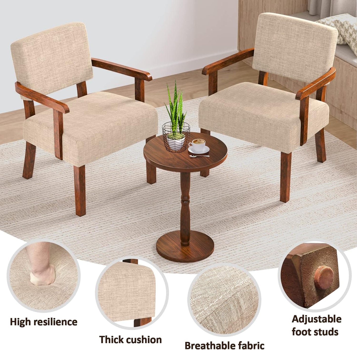 Accent Chair Set of 2 with Table, Living Room Chairs with Soft Seat and Armrests for Living Room Bedroom Reading Room Waiting Room (Beige) (AC01)