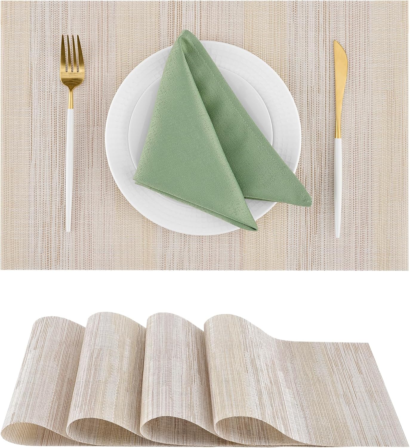 Leetaltree Lightsteel Beige with Yellow Placemats Set of 4 - Heat Resistant Non-Slip Place mats for Dining Table, Washable Durable PVC Vinyl Woven Table Mats (Lightsteel Beige, 4)