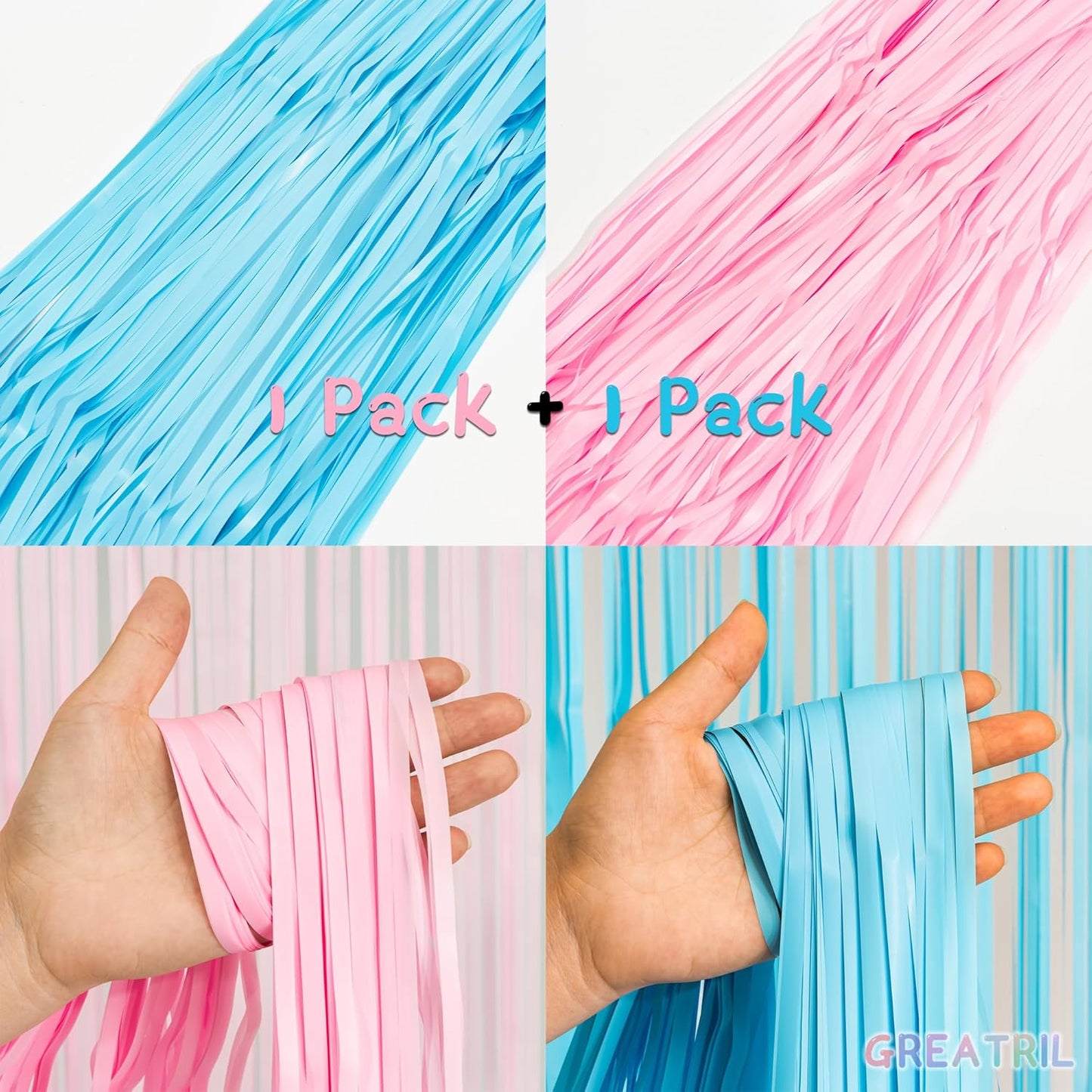 Pink and Blue Party Photo Backdrop - GREATRIL Foil Fringe Tinsel Streamers for Pastel/Easter/Birthdays Party Decorations - 3.2ft X 8.2ft - 2 Packs