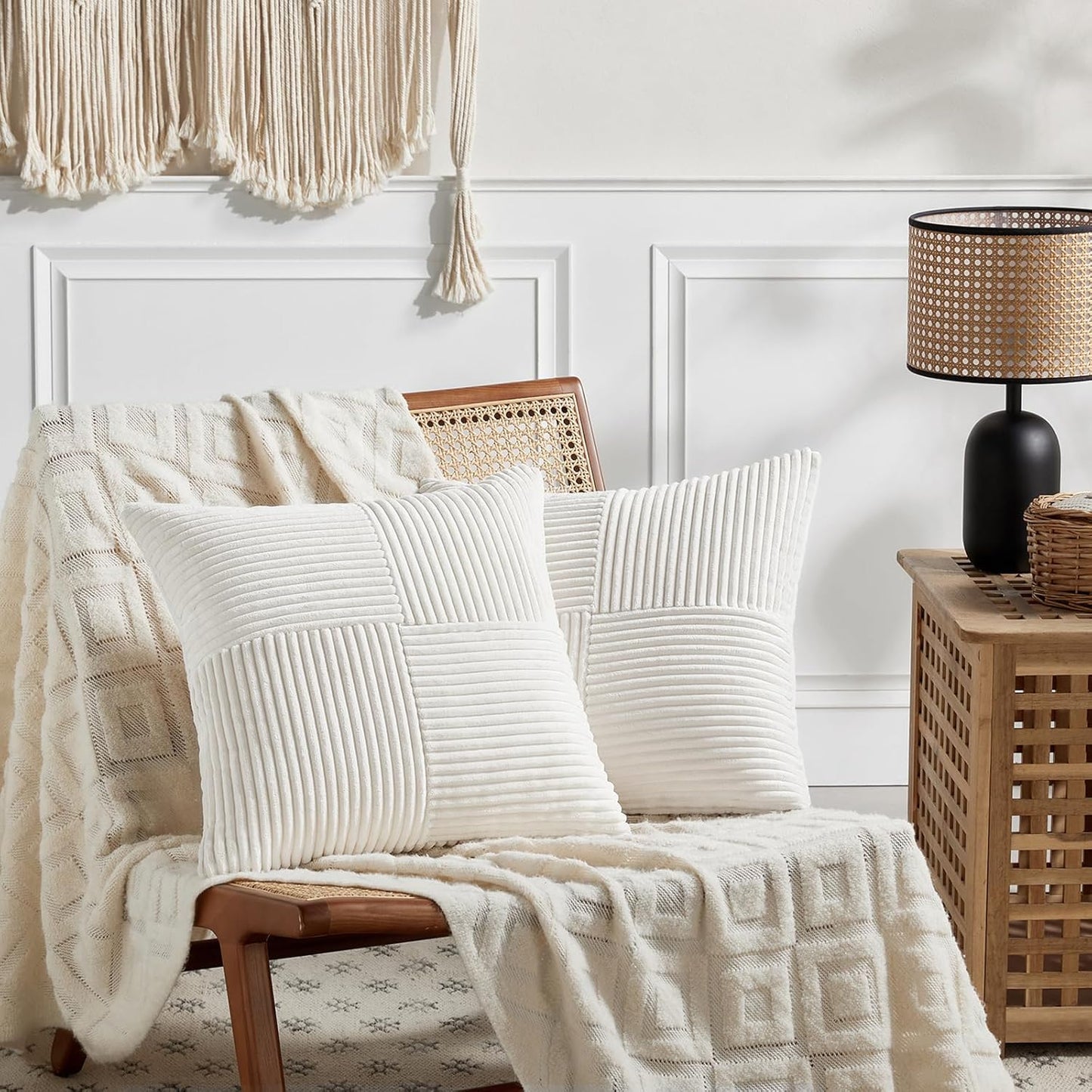 Fancy Homi 2 Packs Cream White Decorative Throw Pillow Covers 16x16 Inch for Living Room Couch Bed Sofa, Rustic Farmhouse Boho Home Decor, Soft Corss Patchwork Corduroy Textured Cushion Case 40x40 cm