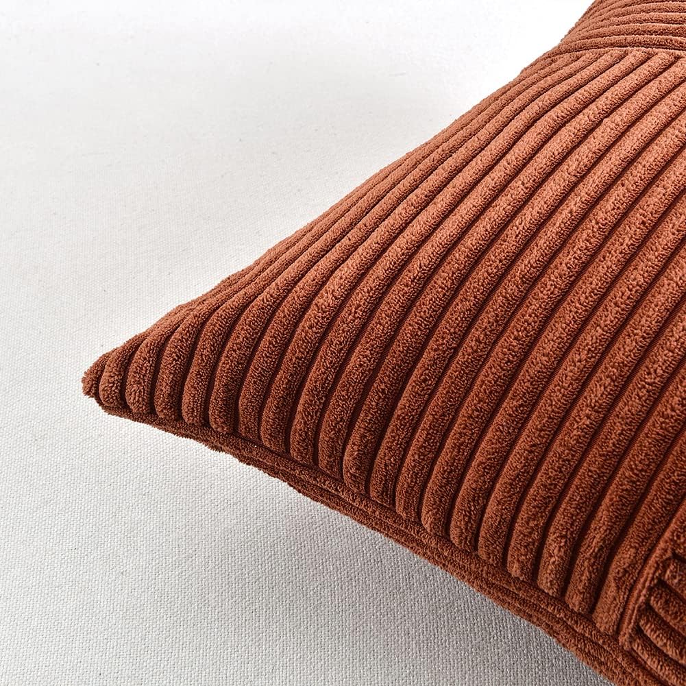 Fancy Homi 2 Packs Rust Euro Decorative Throw Pillow Covers 26x26 Inch for Bedroom Bed, Farmhouse Boho Home Decor, Soft Corss Corduroy Patchwork Textured Square Terracotta Cushion Case 66x66 cm