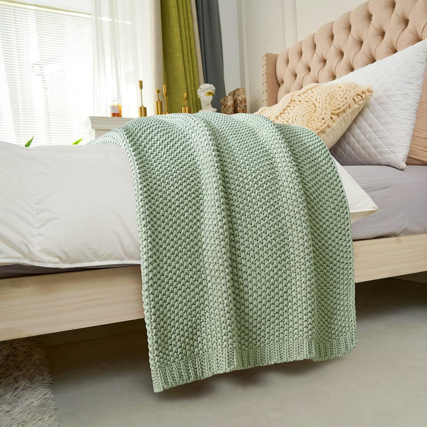 Chunky Cable Knit Throw Blanket Lightweight Light Green 100% Organic Cotton Blanket for Sofa Couch Bed Baby Nursery, Rustic Shabby Chic Modern Farmhouse, 60” x 80” Bonus Laundering Bag