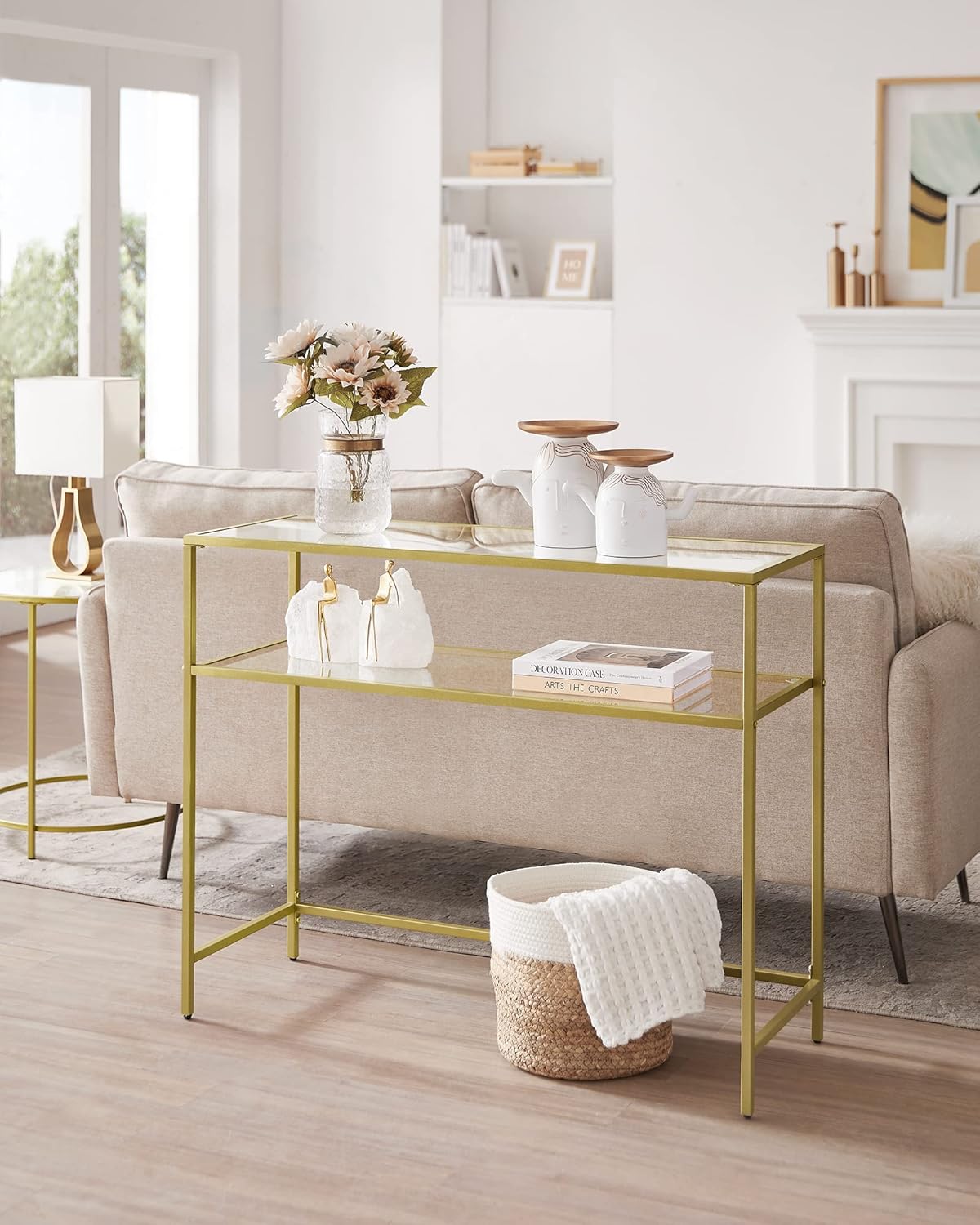 VASAGLE 39.4 Inch Console Sofa Table, Modern Entryway Table, Tempered Glass Table, Metal Frame, 2 Shelves, Adjustable Feet, for Living Room, Hallway, Gold Color ULGT025A01