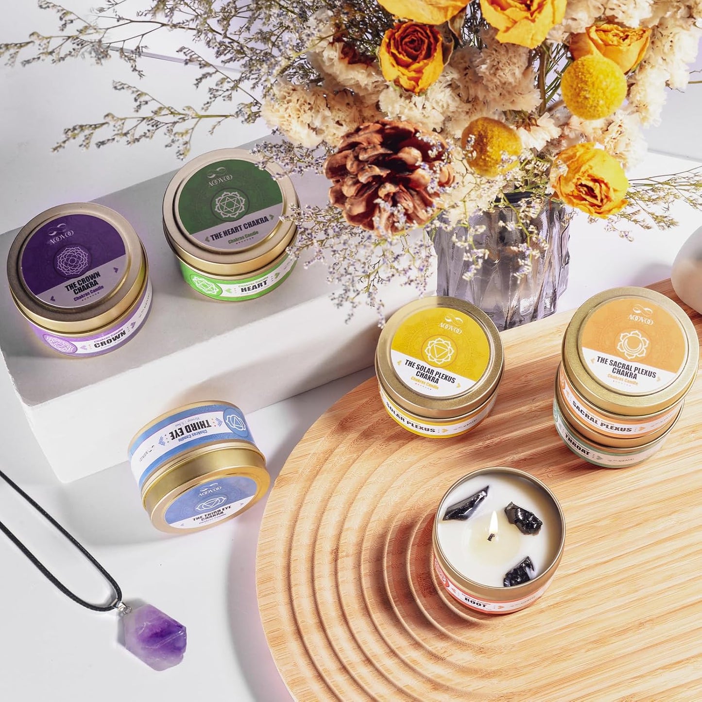 AOOVOO Chakra Candles with Healing Crystals - 7 Chakra Candle Set, Spiritual Gifts for Women, Aromatherapy Candle, Soy Candles for Women