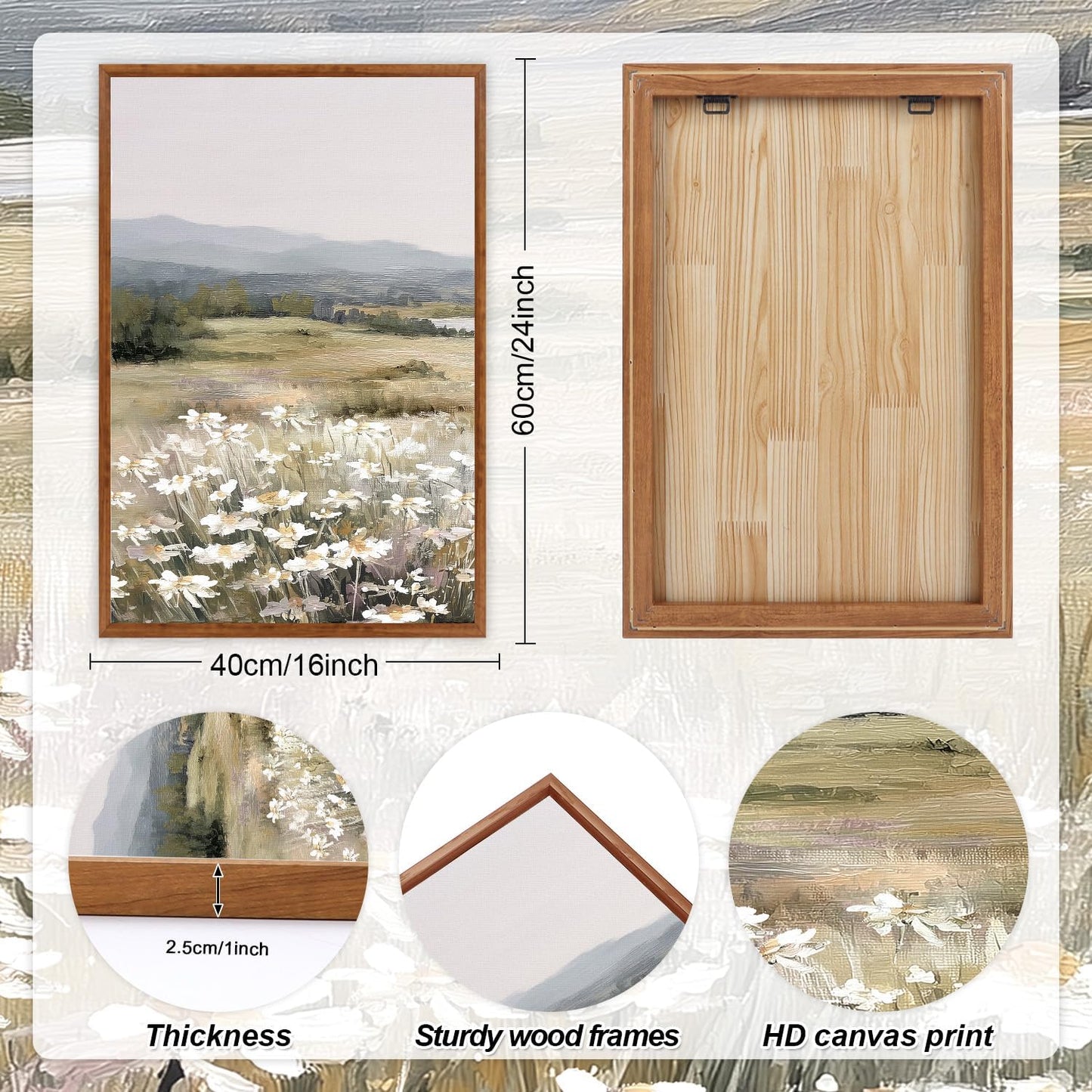 KAIRNE Landscape Canvas Wall Art,Boho Floral Prints Set of 3(16”X24”),Flower Garden Paintings,Wildflower Field Scene Wall Decor,Botanical Art for Living Room Bedroom Kitchen Farmhouse Decor,Framed