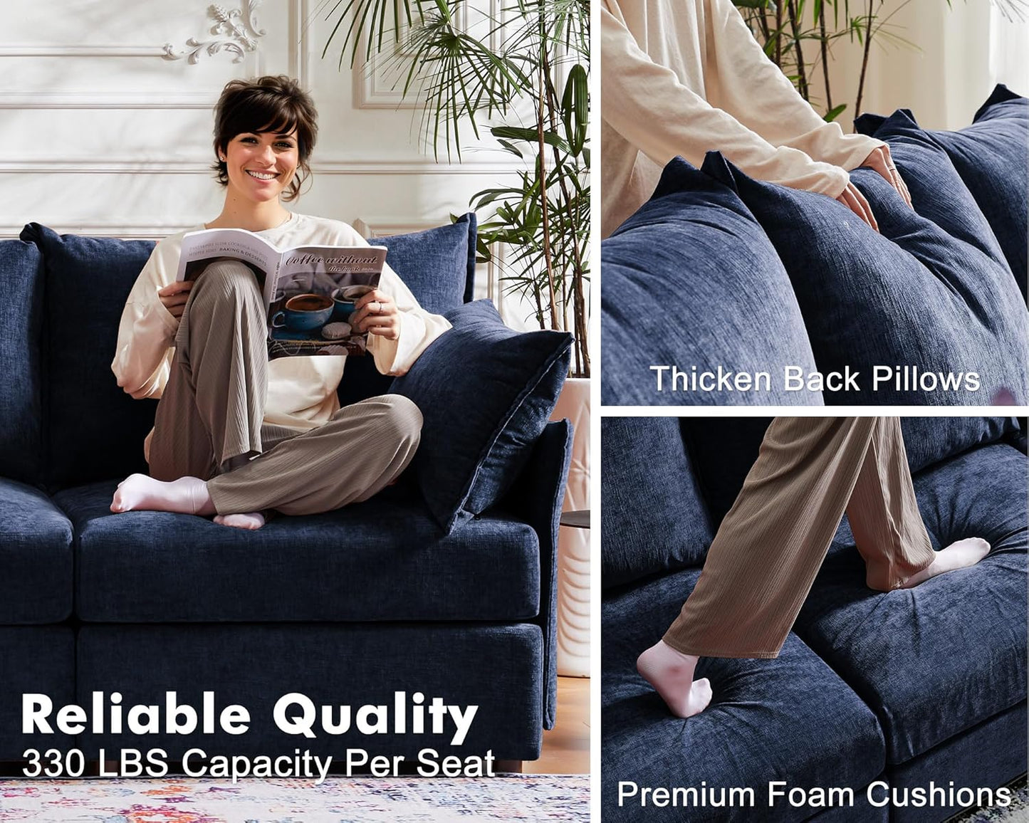 102.6" Modular Sectional Sofa, Oversized 3-Seater Blue Couch with Removable Chenille Fabric Cover, Deep Seat & High Backrest for Living Room, Office & Apartment