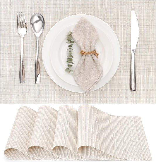 Myir JUN Placemats Set of 6, Vinyl Woven Placemats Place Mats Indoor Washable Table Mats Non-Slip Place mats for Dining Table (B-White, Set of 6)