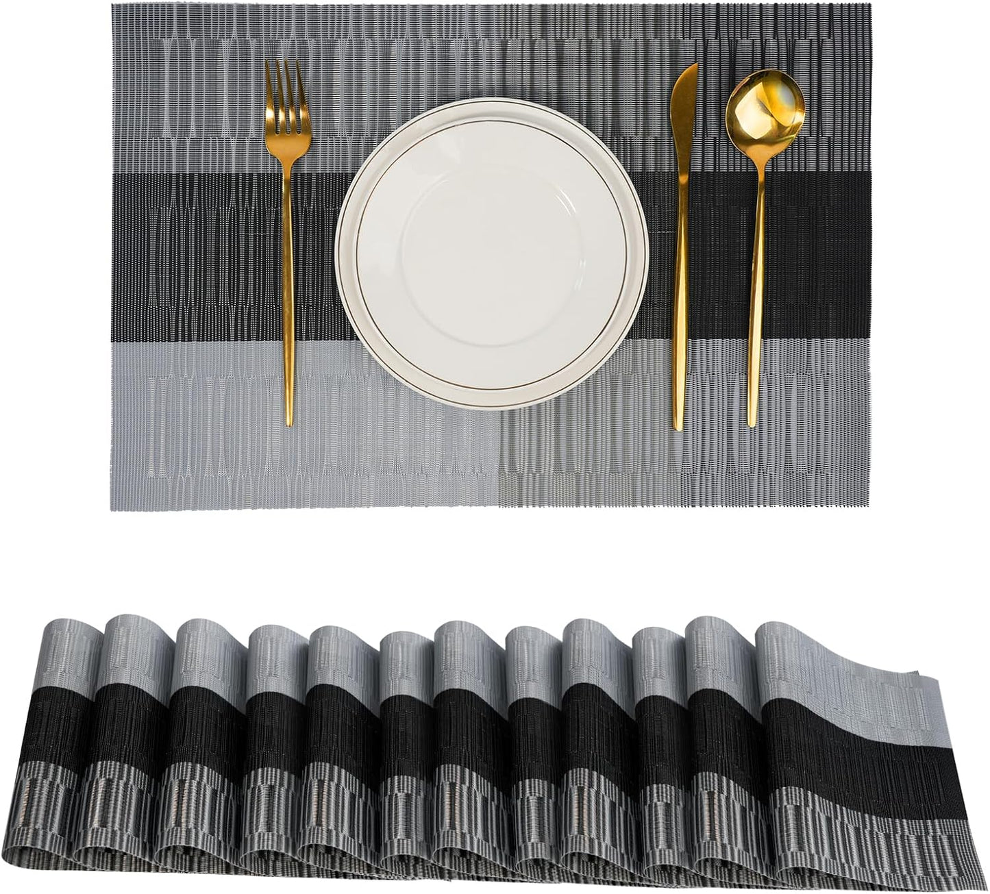 Placemats Set of 12，Non-Slip PVC Weave Table Mats Easy to Clean，Heat Resistant Place Mats for Kitchen Dining Table Decoration Indoor Outdoor，Black Gray
