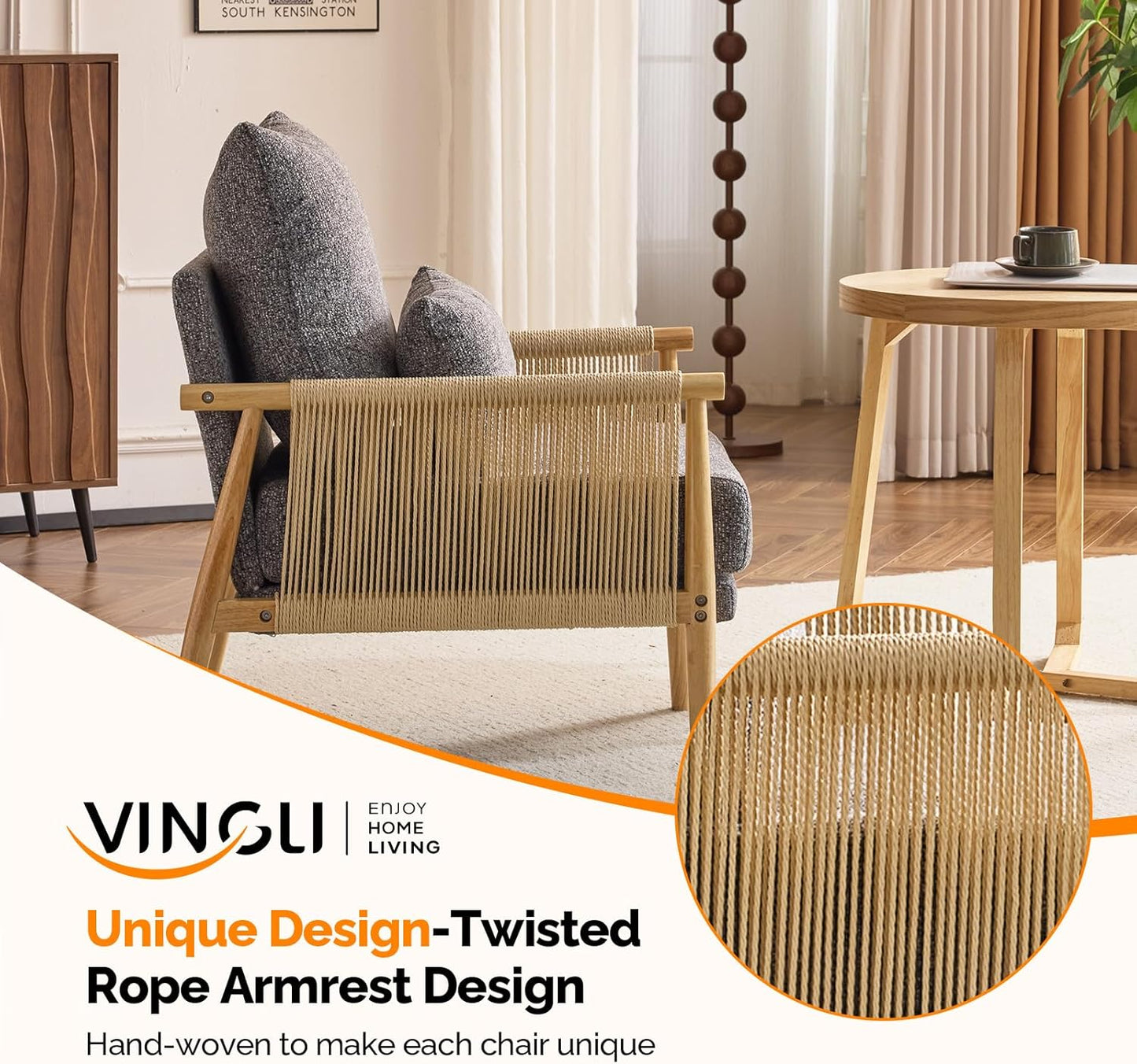 VINGLI Boho Braid Accent Armchair,Mid-Century Modern Chiar with Solid Wooden Armrest,Comfy Louge Cushion Chair with Waist Pillow for Bedroom,Living Room,Reading Room, Gray