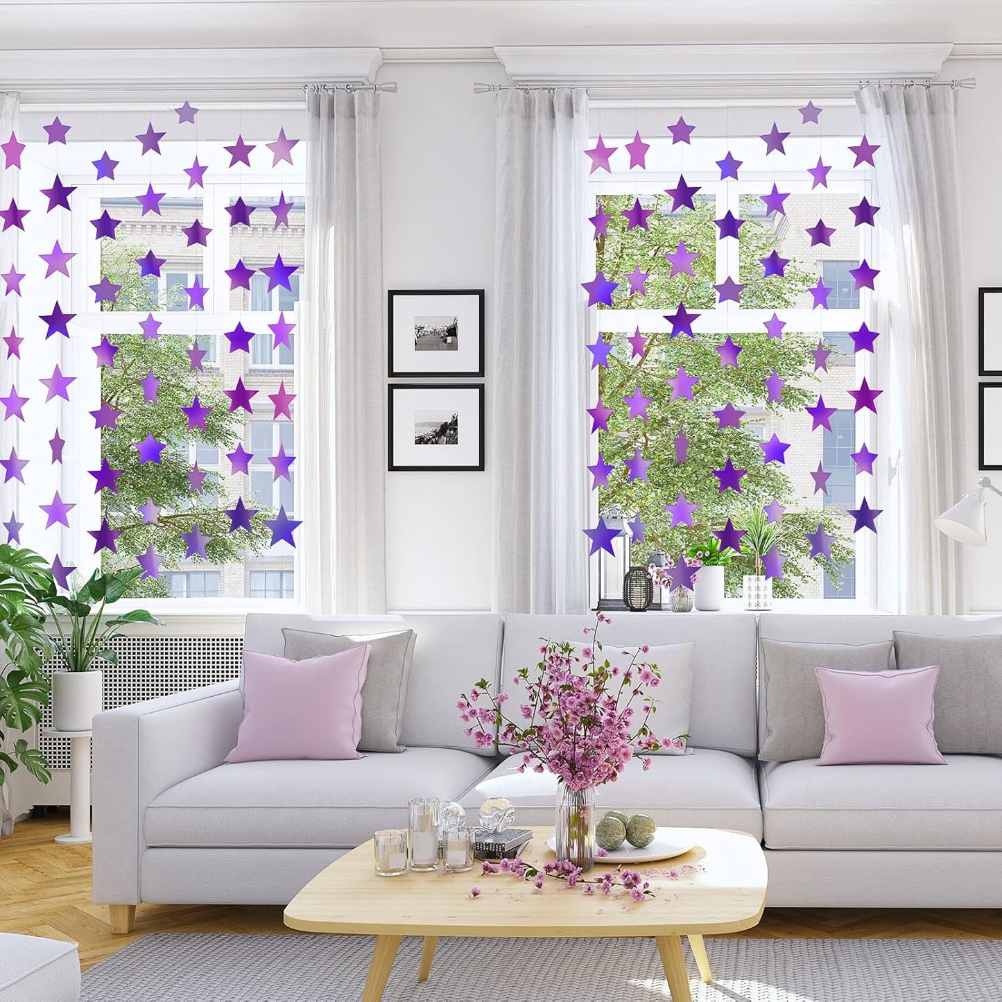 Patelai Glitter Star Garland Banner Decor 130 Feet Star Hanging Bunting Banner Twinkle Backdrop for Homecoming Classroom Wedding Birthday Halloween Christmas Party Supplies(Holographic Purple)