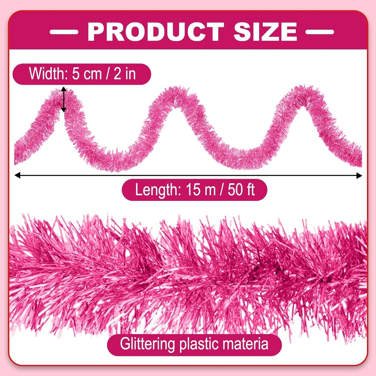 50 Feet Christmas Tinsel Garland, Metallic Twist Wall Hanging Tinsel Backdrop for Parade Floats, Carnival, Birthday, Wedding, New Year Party Decorations (Pink, 2in x 50ft)