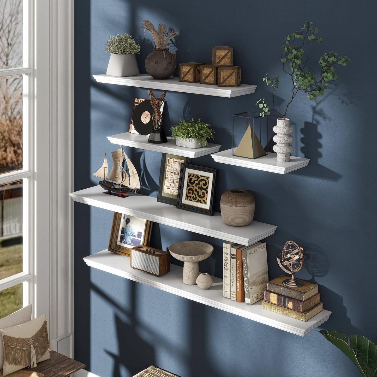 Floating Shelves for Wall, 48 Inch Long Wall Mounted White Hanging Shelf for Kitchen, Living Room, Office, Bedroom, Bathroom, Retro Vintage Wood Bookshelf for House Decor