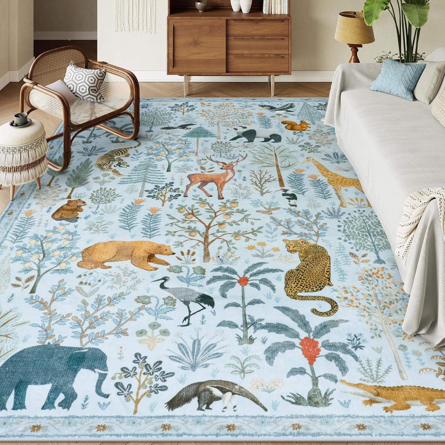 OJIA Animal Area Rugs 8x10, Soft 8x10 Washable Rugs for Living Room Bedroom, Non-Slip Boho Ultra-Thin Dining Room Rug Large Throw Carpet for Farmhouse Playroom Office, Light Blue