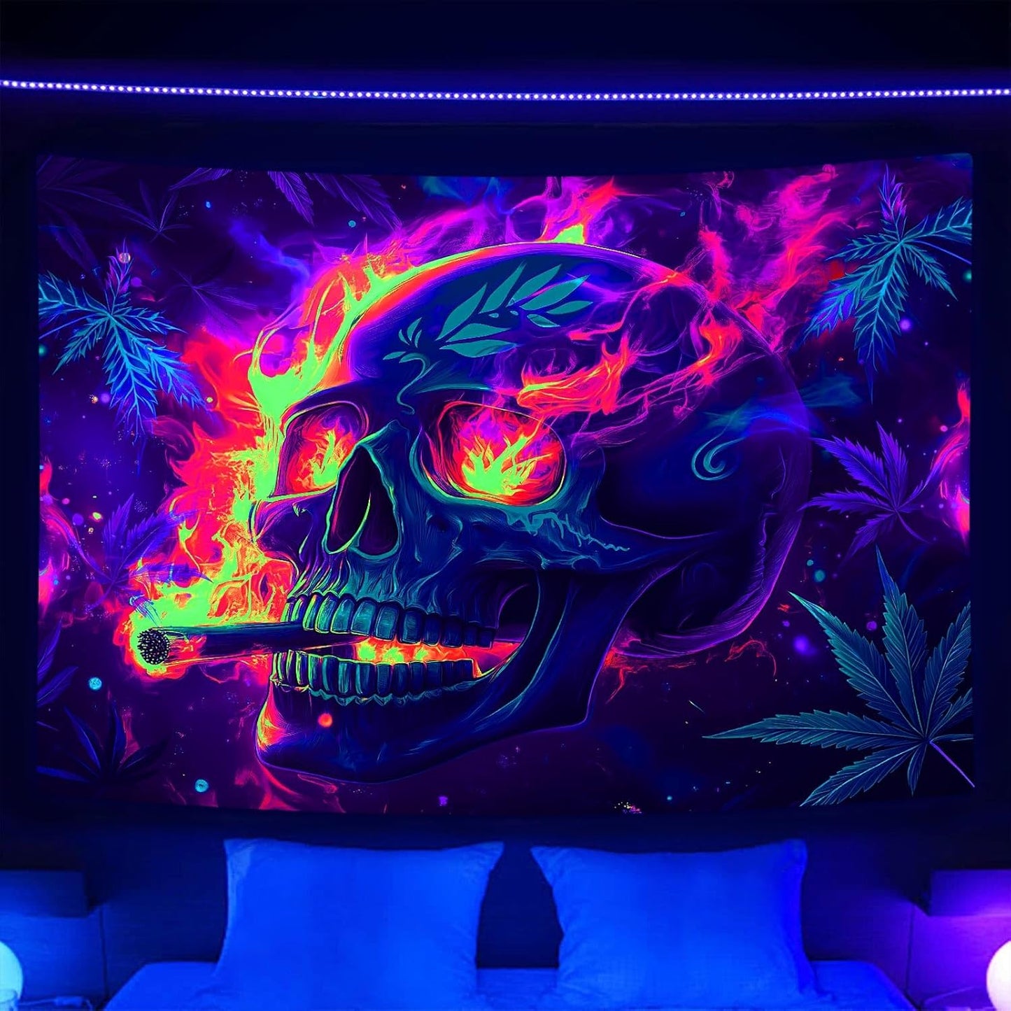 Blacklight Skeleton Tapestry, Glowing Skull UV Reactive Gothic Wall Hanging Tapestries, Glow in the Dark Grim Reaper Magic Horror Face Halloween Poster Tapestry for Bedroom Living Room Decor 60X40IN