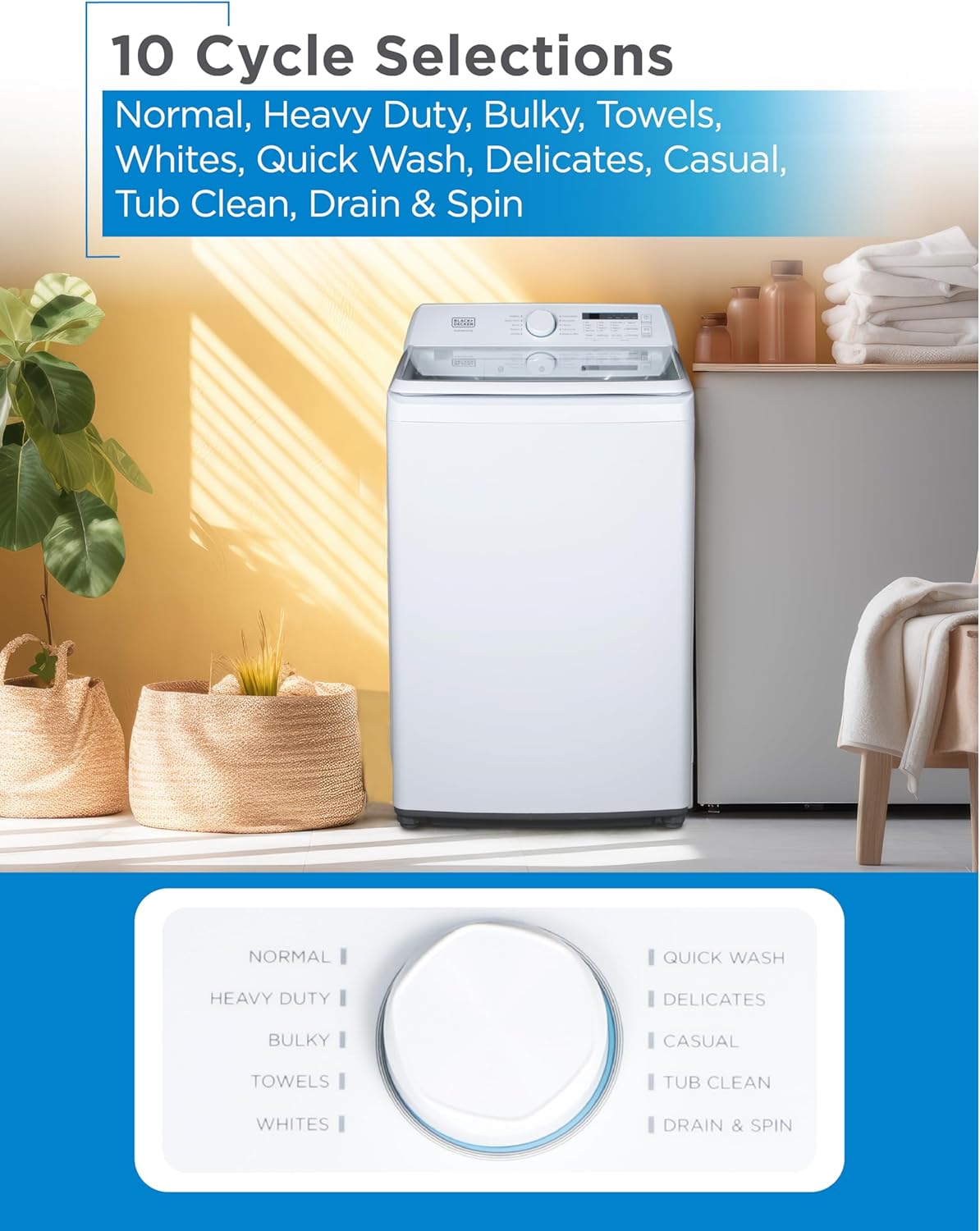 BLACK+DECKER 4.1 Cu. Ft. Top Loading Washing Machine with Agitator, Full Size Washing Machine with Glass Lid and Stainless Steel Tub, Machine with LED Display, 10 Wash Cycles, 120V, BTLW41MW, White