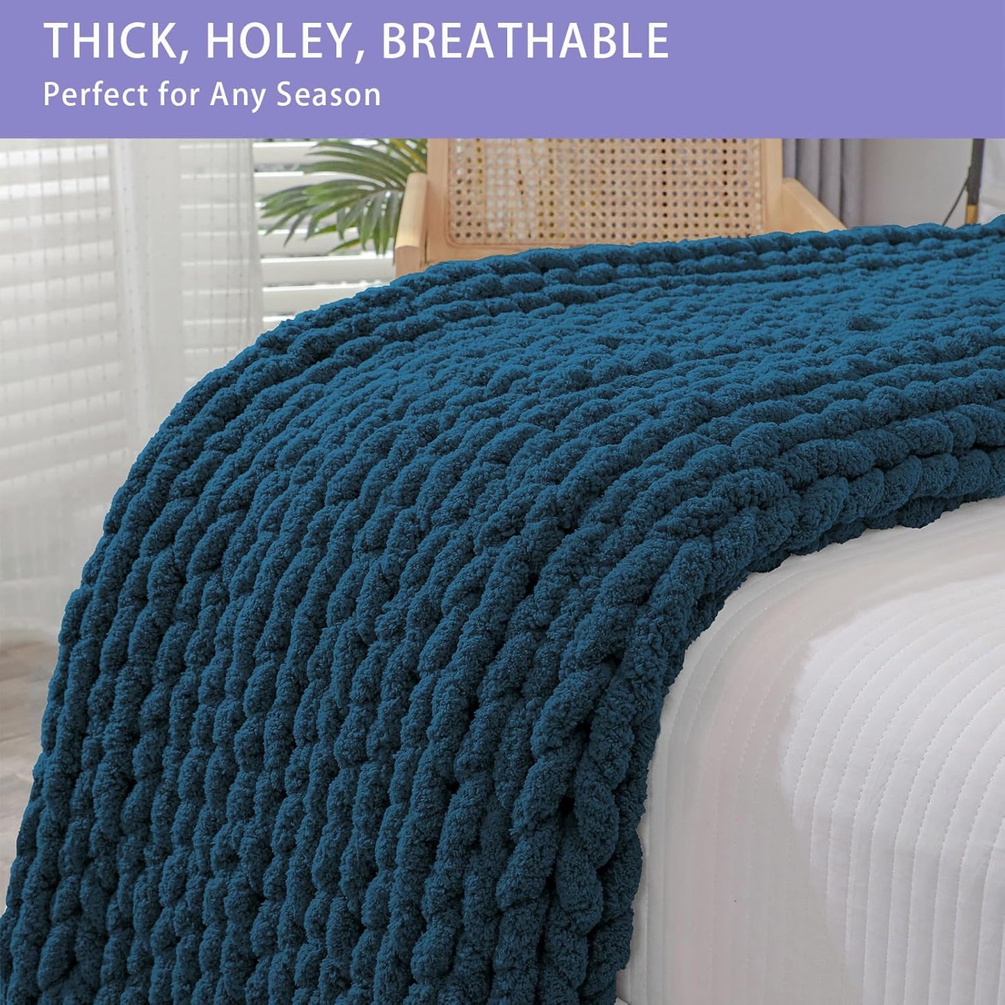 Bigacogo Chunky Knit Throw Blanket for Couch, 40x60 inches, 100% Hand Knitted with Thick Jumbo Chenille Yarn, Cozy Soft Large Rope Knot Cable Crochet Blankets for Sofa Bed Living Room, Deep Sea Blue