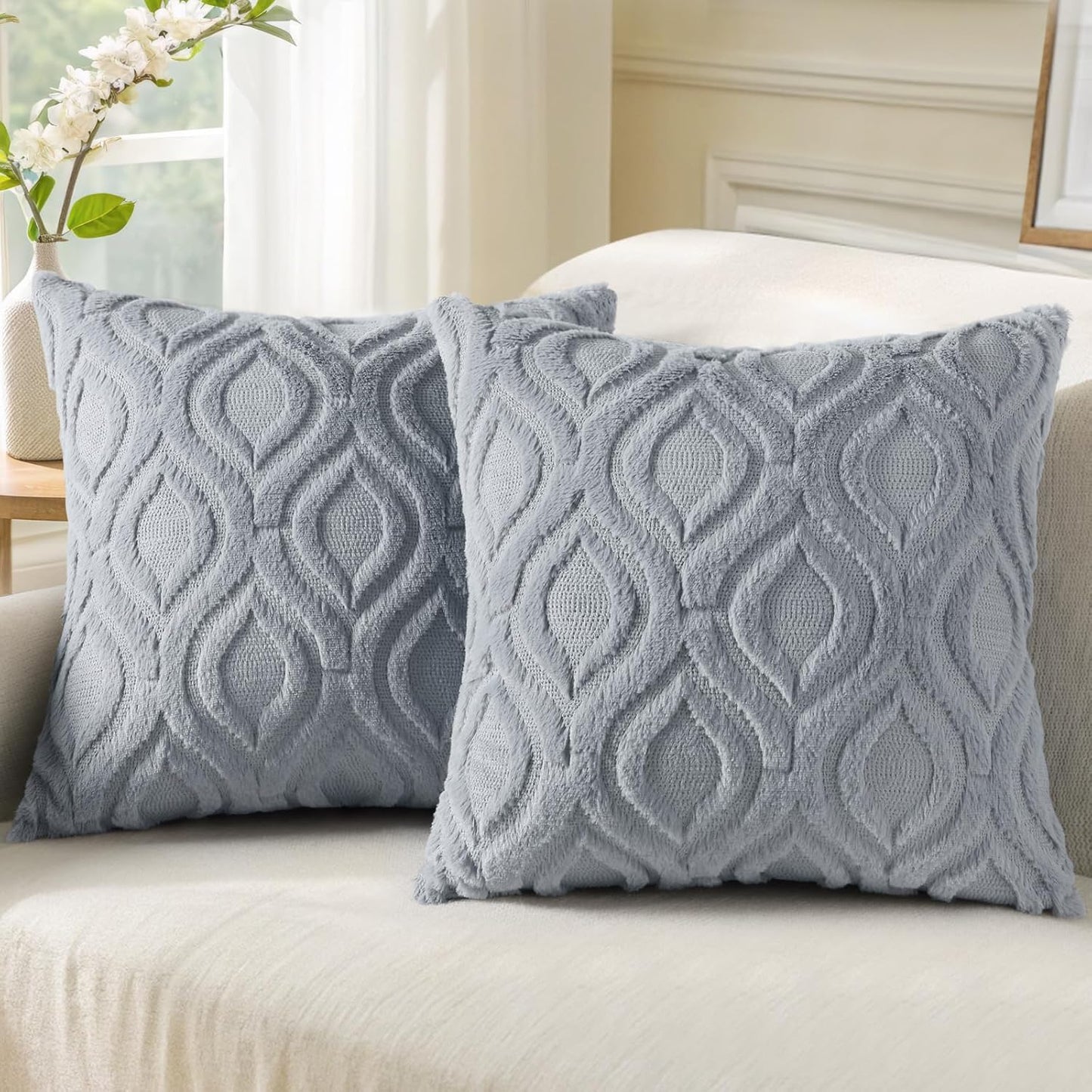 decorUhome Fall Throw Pillow Covers 26x26 Inch Set of 2, Soft Plush Decorative Faux Fur Blue Grey Solid Couch Pillow Covers, Accent Farmhouse Neutral Square Euro Pillow Cases for Sofa Bed Living Room