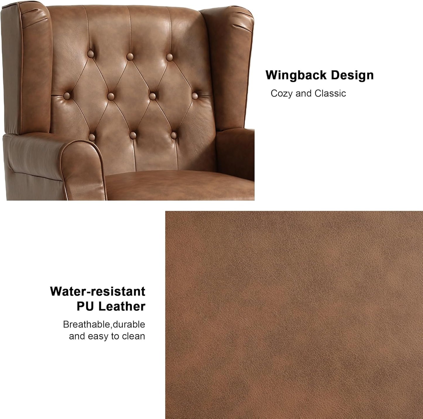 Accent Chair, Upholstered Armchair with Button Tufted High Back & Solid Wood Legs, Comfy Wingback Reading Single Sofa Chair for Small Spaces, Living Room, Bedroom (Leather Brown, Set of 1)