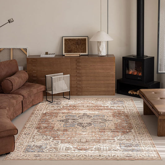 6'x9' Area Rug - Vintage Persian Medallion Design Low-Pile Faux Wool Rug, Non-Slip Backing, Machine Washable, for Living Room, Dining Room, Bedroom (Brick Red)