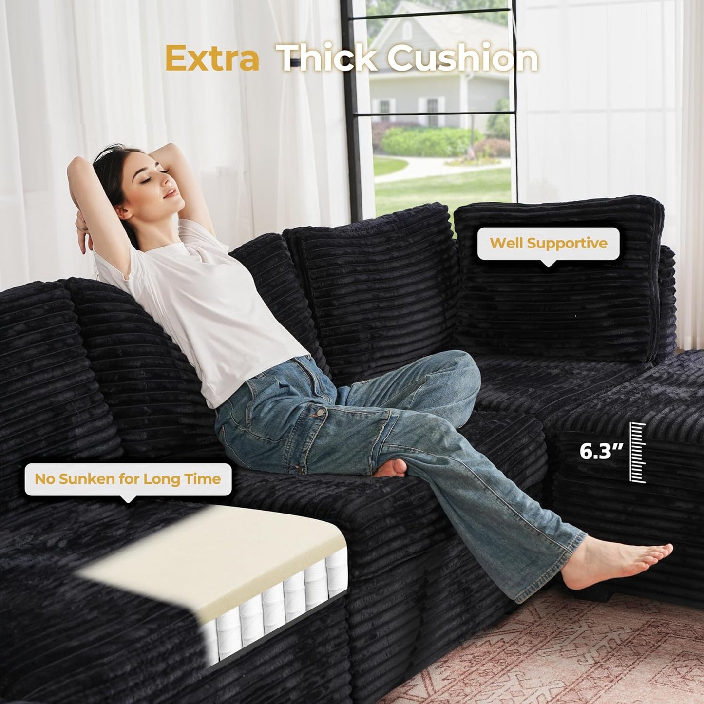 HOOOWOOO Modular Sectional Sofa,8 Pieces Sectional Couches for Living Room,131X98 G Shaped Cloud Couch with Ottoman Chaise(Black Velvet Corduroy)