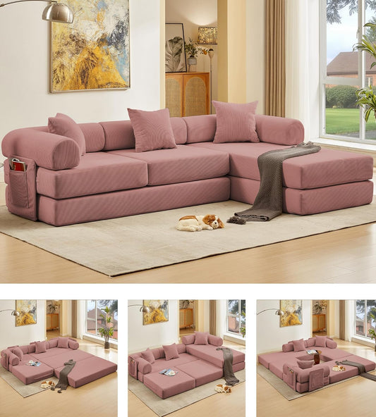 107" Oversized Convertible Sleeper Sofa Bed, Corduroy L Shape Sectional Couch, Folding Sofa Bed with Side Pocket, Modern Cloud Floor Mattress Couch, Modular Sofa for Living Room, Pink