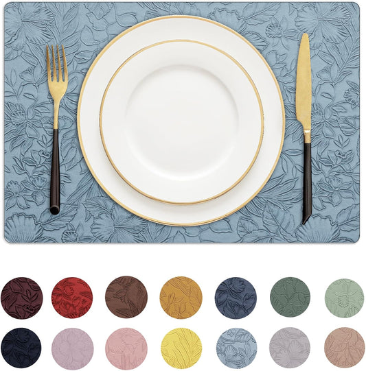 Romanstile Vinyl Placemats Set of 8-12 X 18 Inch - Heat Resistant Non-Slip Embossed Floral Place Mats 100% Waterproof Oilproof Wipeable Faux Leather Table Mats for Kitchen/Dining/Party, SkyBlue