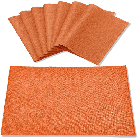 Linen Placemats Set of 8, Machine Washable, Heat Resistant, Wrinkle Free, Thick Polyester Kitchen Place Mats for Dining Table (Orange)