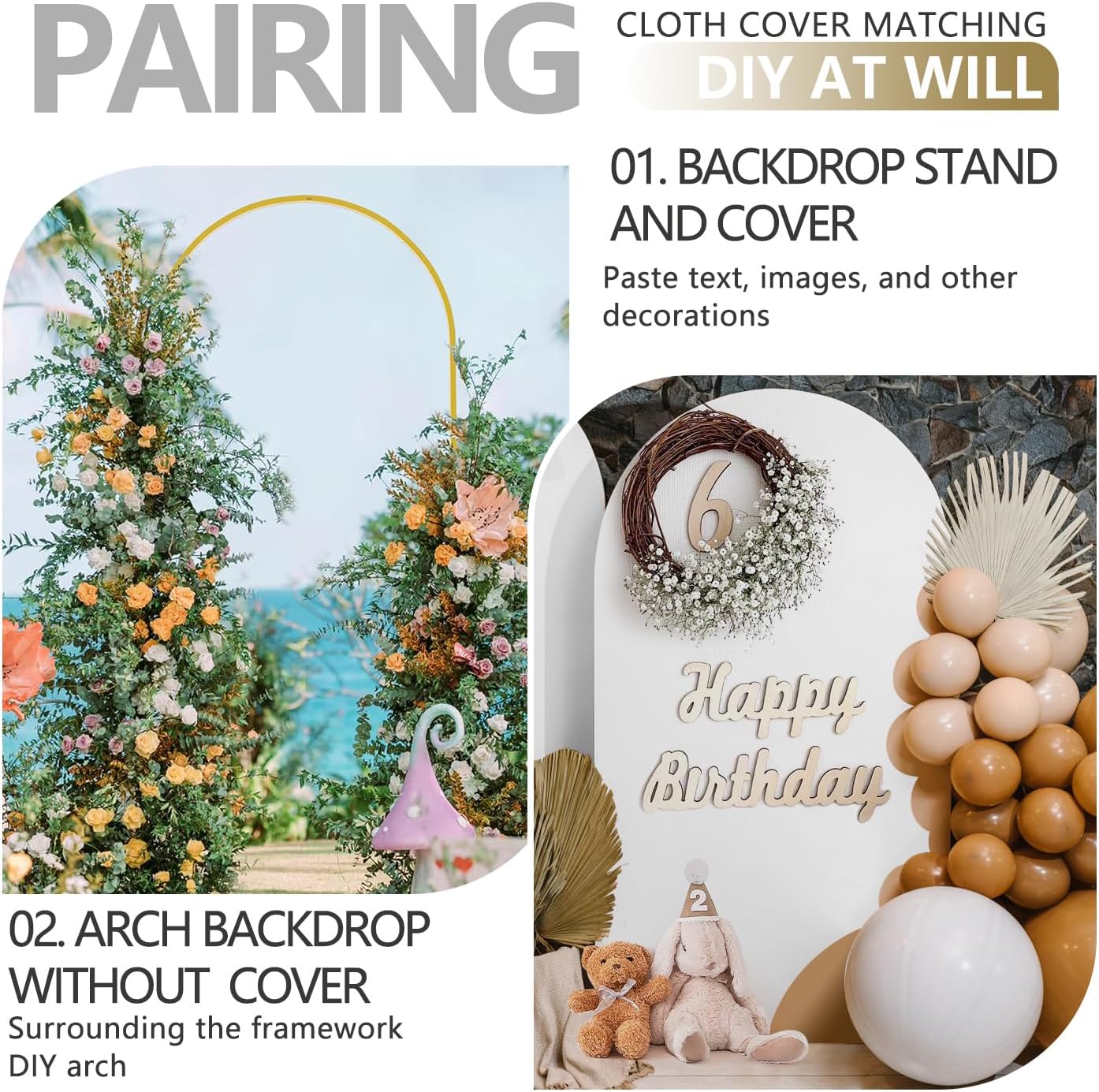 Arch Backdrop Stand and Cover Set, 3 Metal Balloon Arch Backdrop 4ft 5ft 6ft, Gold Arched Stand Frame for Wedding, Parties,Birthday, Backdrop Decorations (White,4ft+5ft+6ft)