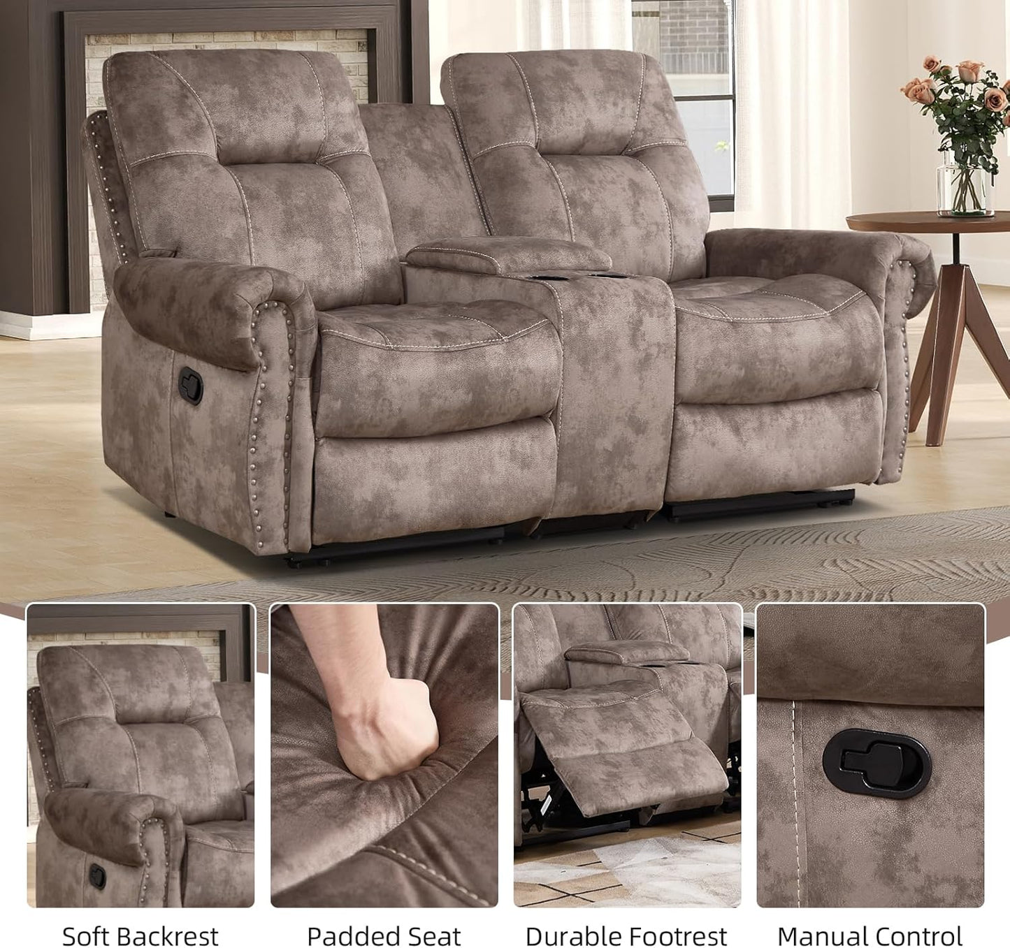 EBELLO Manual Recliner Loveseat Sofa, 2 Seater Reclining Couch Chair with Center Console, Hidden Storage and Cup Holders, Vintage Rivet Mid-Century Design for Living Room, Meeting Room, Brown