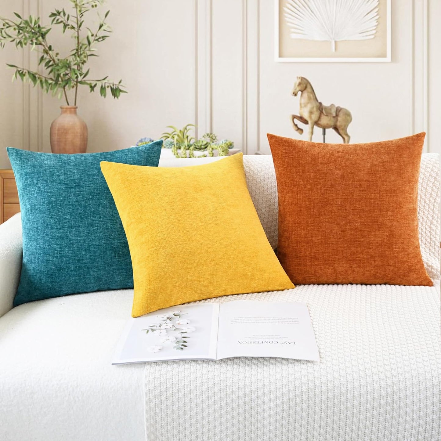 CaliTime Throw Pillow Covers Decorative 22 X 22 Inches Pack of 2 Cozy Chenille Cushion Cases for Couch Sofa Bed Living Room Home Mustard Yellow